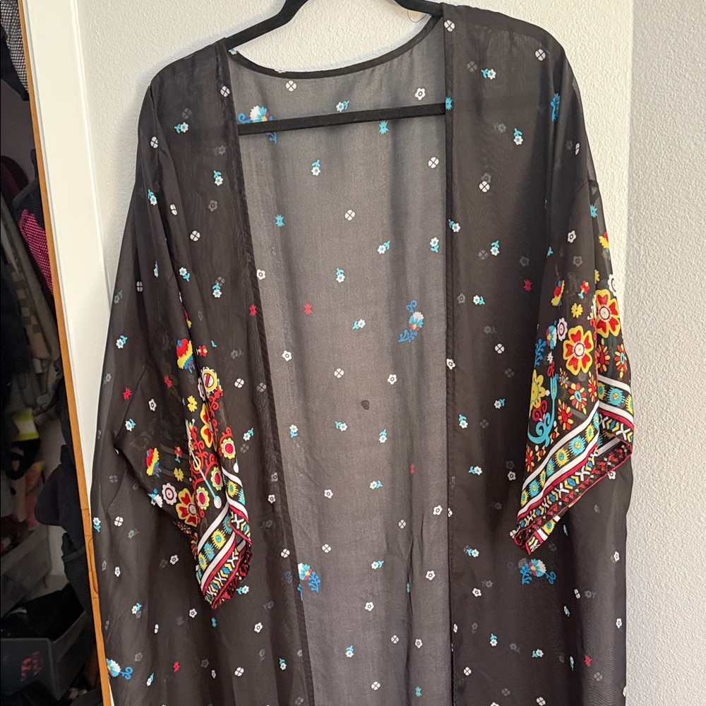 Black Sheer Floral Border Kimono
